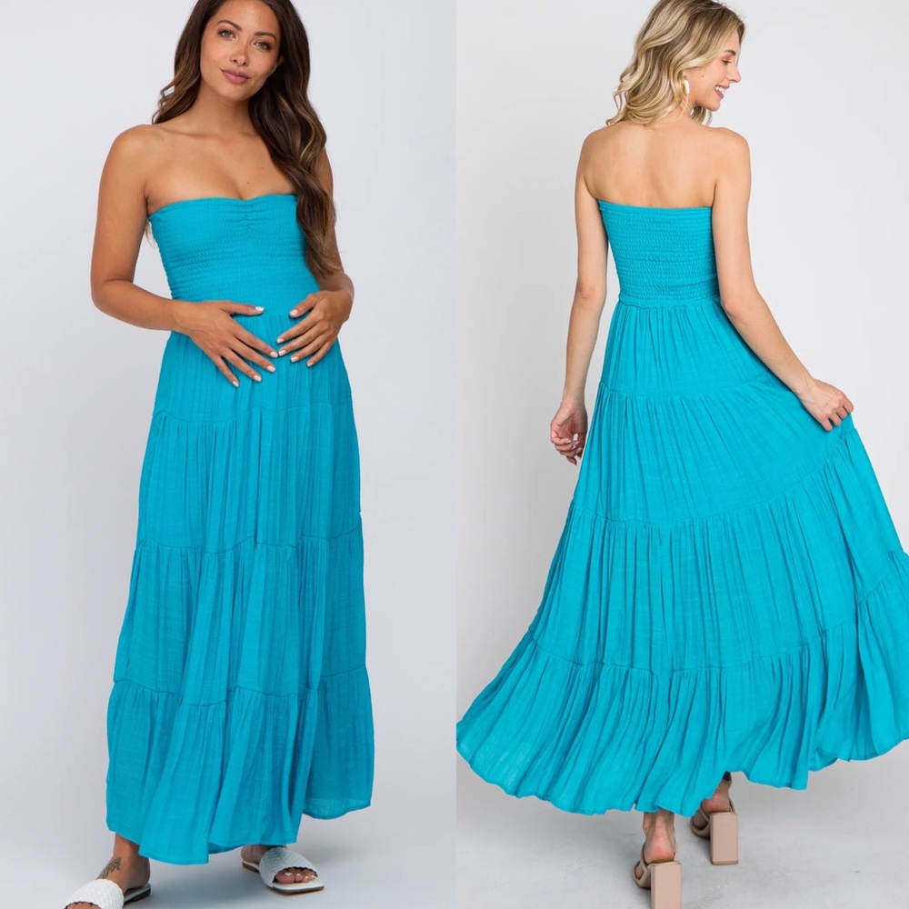 Blue Strapless Ruffle Maxi Dress